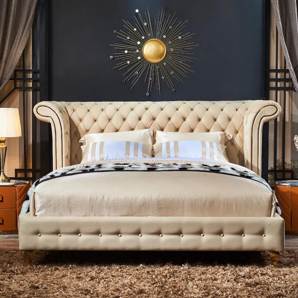 Klassisches Schlafzimmer Bett Beige Textil Betten Leder Polster Doppel 180x200cm