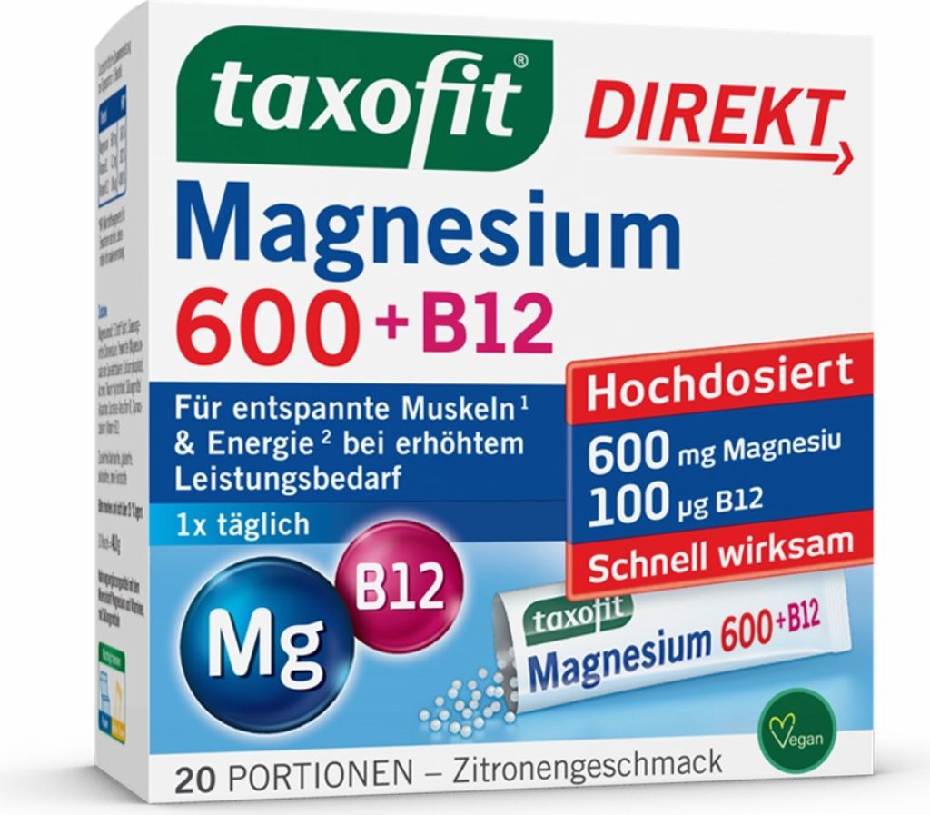 Taxofit Magnesium 600 + B12, directgranulaat, 20 stuks. Productafbeelding 