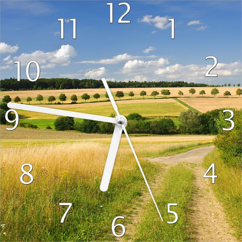 Wallario Design Wanduhr Feldlandschaft unter blauem Himmel aus Echtglas, Größe 20 x 20 cm