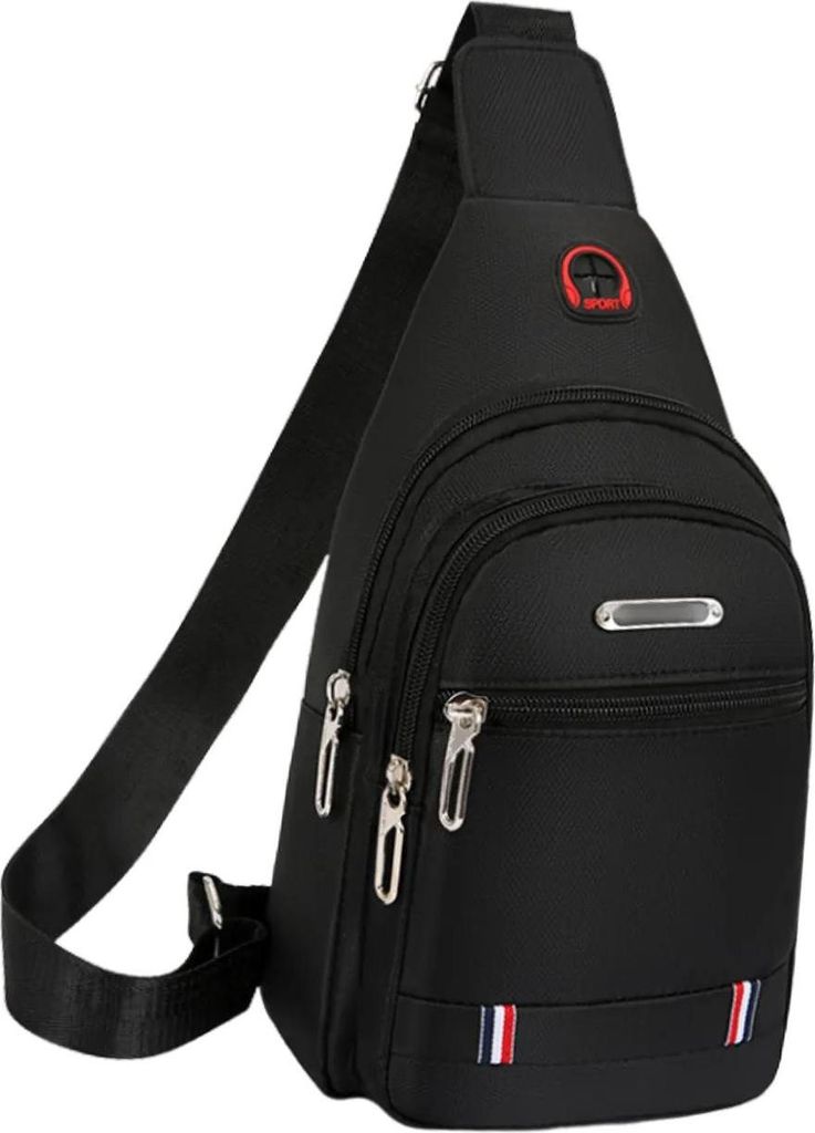 A black sling backpack is shown against a white background.