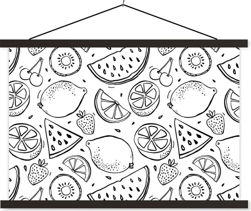MuchoWow Textilposter Erdbeere - Kiwi - Muster - Schwarz - Weiß 60x40 cm mit schwarzem Rahmen - Hölzernes