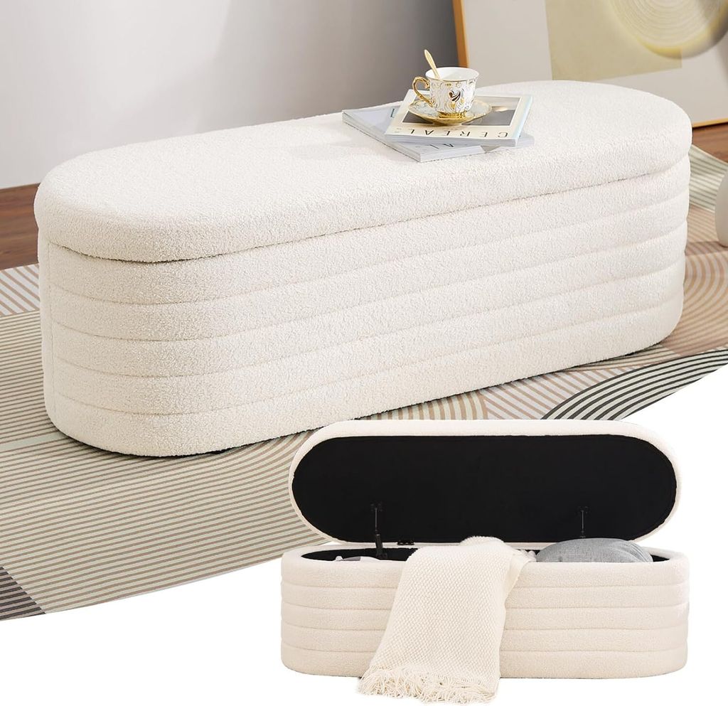 Sitzbank mit Stauraum, Schuhbank mit Sitzfläche, Teddystoff Produktbild 1