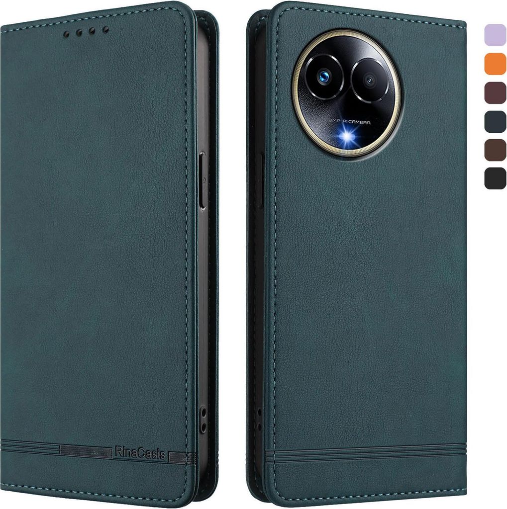 Hülle für Realme 11 5G, Retro Kunstleder Ständer Klapphülle mit Kartenfächer und Magnetische Grün