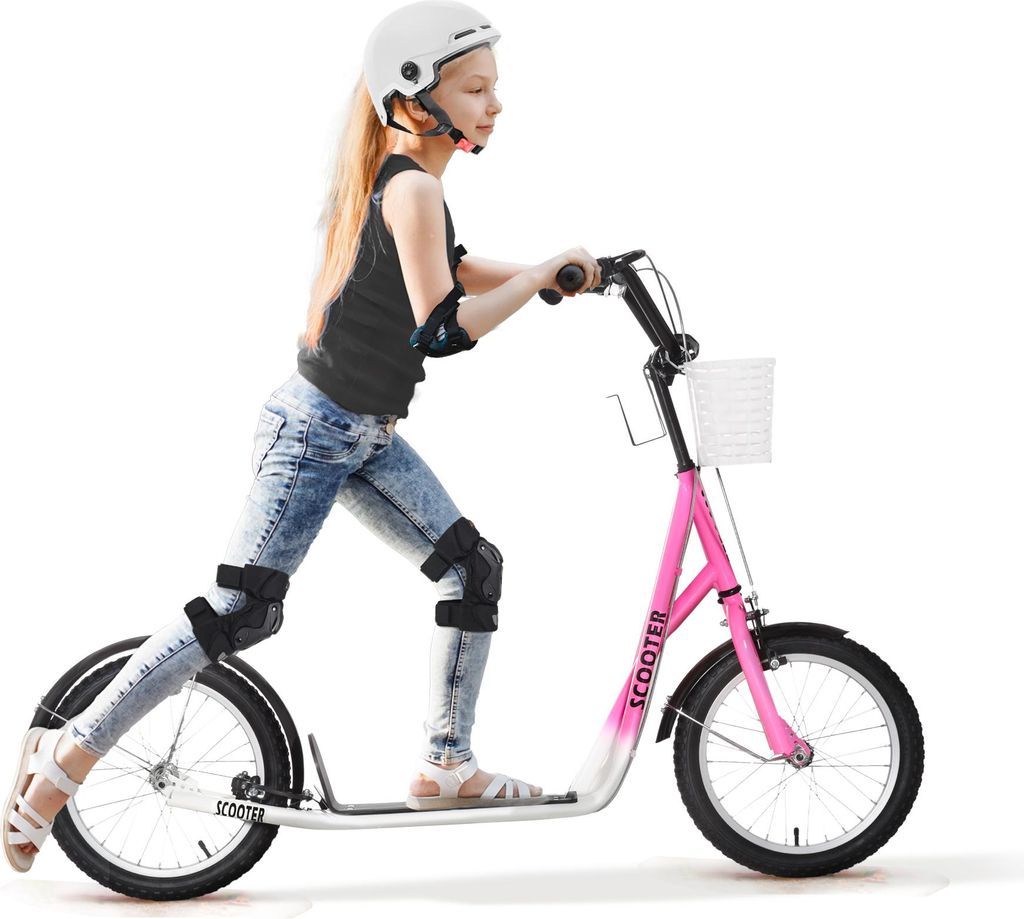 Kinderroller Tretroller mit Bremse, inkl. Korb, höhenverstellbar, für Kinder von 5 bis 12 Jahren, Weiß + Pink