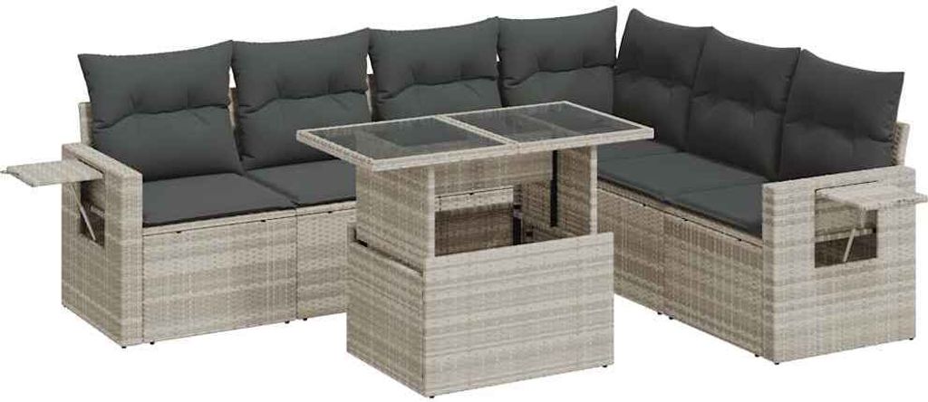 7-tlg. Garten-Sofagarnitur mit Kissen Hellgrau Poly Rattan