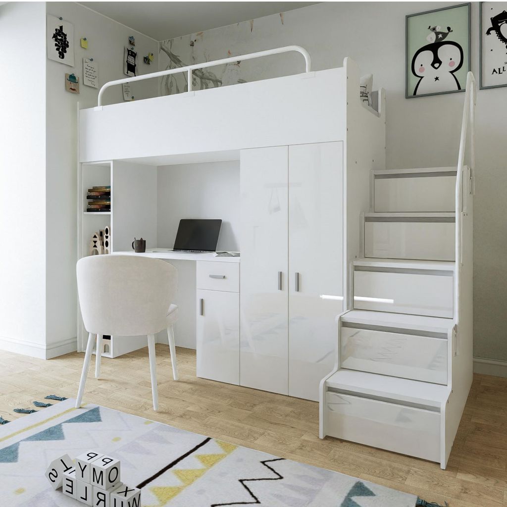 Marlux-Meble Hochbett JSM-4 90x200 mit Kleiderschrank Schreibtisch und Treppe Hochglanz Kinderbetten Funktionsbett Etagenbett Stockbett Kinderhochb...