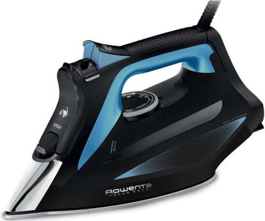 A studio shot of a black and blue Rowenta iron against a white background.