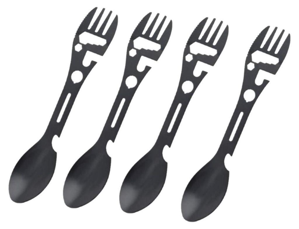 INF 4er-Set 10-in-1 Edelstahl-Spork Löffel Gabel Flaschenöffner Camping Schwarz