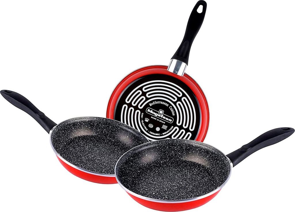 Magefesa K2 Rotes Set de 3 Bratpfannen (20/24/28)cm de rot verglastem Stahl außen. Verstärkte zweischichtige Antihaftbeschichtung mit Steineffekt...