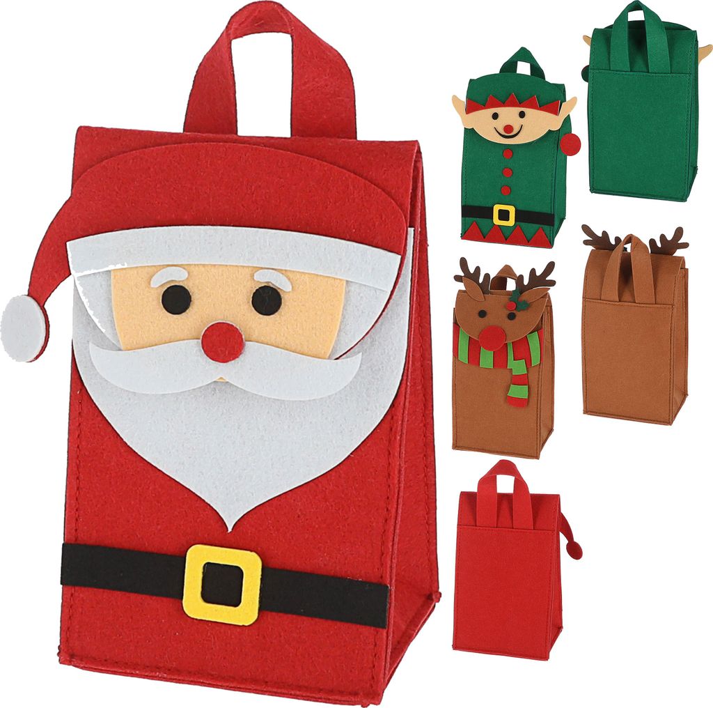 Geschenktasche 3er Set mit Henkel Weihnachten Filz 12,5x22x10cm Santa Elf Rentier Geschenkverpackung Motivtasche Filztasche