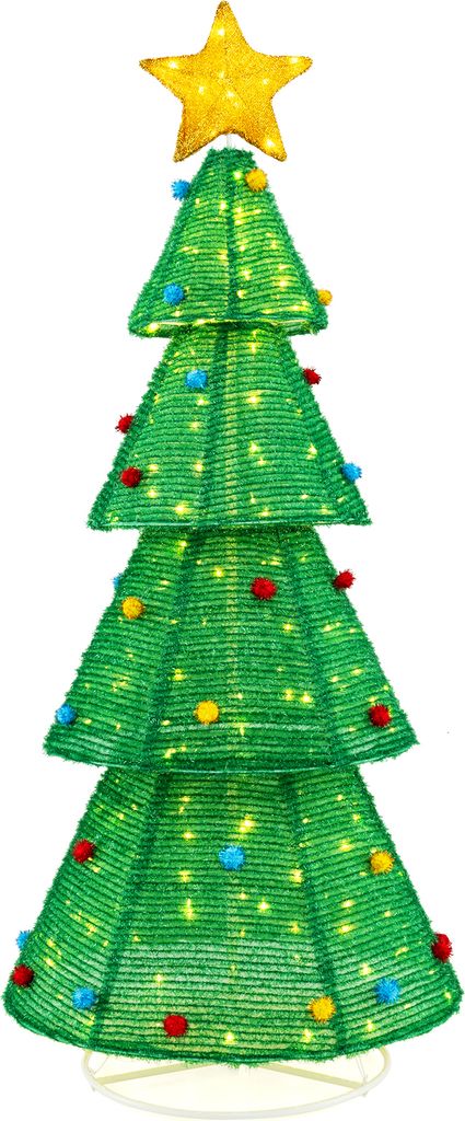 A lit-up artificial Christmas tree with colorful ornaments and a star on top.