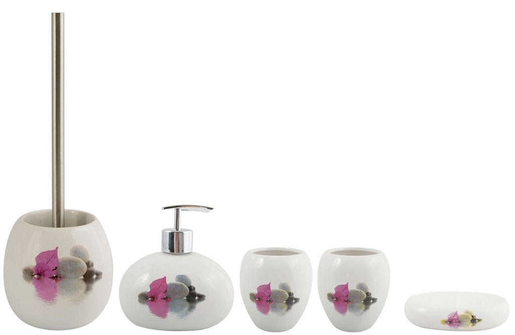 MSV Badezimmer Set, 5-teiliges Badzubehör aus Keramik Borneo, Seifenspender, WC Bürste, Seifenschale und Zahnputzbecher Weiß