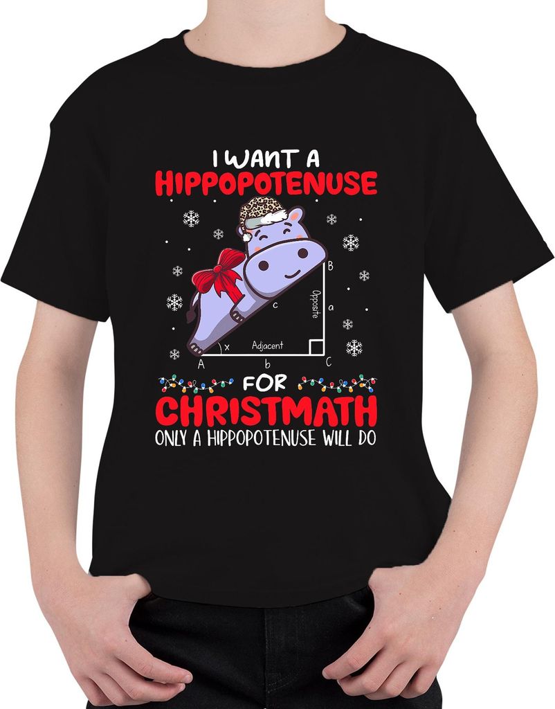 Hippopotenuse Christmath Hippo Santa Schleife Schnee Mathe Lustig Uni Kinder T-Shirt, Schwarz, 152