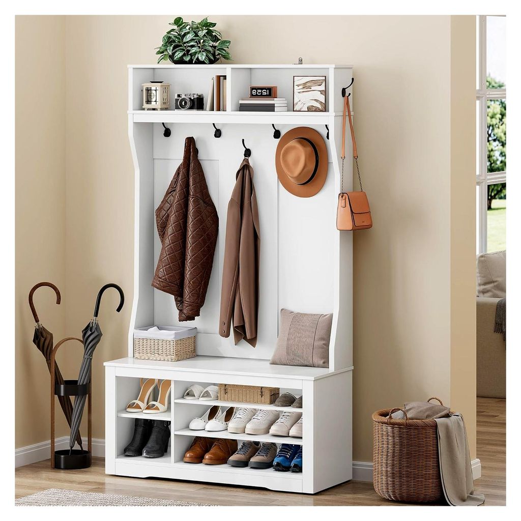 Garderobenständer mit Schuhbank, Garderobenschrank, Flurgarderobe mit 9 Haken und Oberschrank, für Diele und Wohnzimmer, verstellbare Regalebenen...