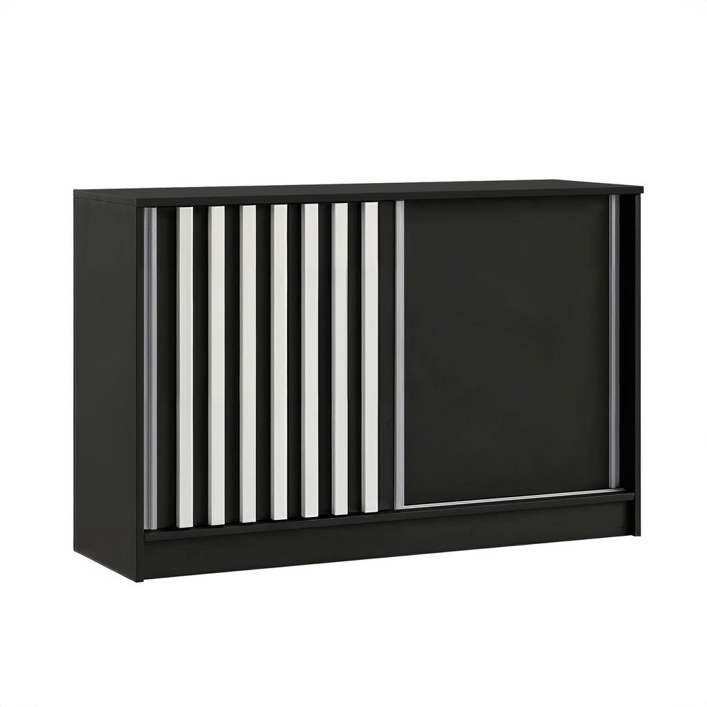Margaret Hadas24 Kommode NELI mit Lamellen 120 cm, Wohnzimmerschrank, Wohnzimmer Möbel, Wohnzimmerschrank, Kommodenschrank (schwarz, weiß)