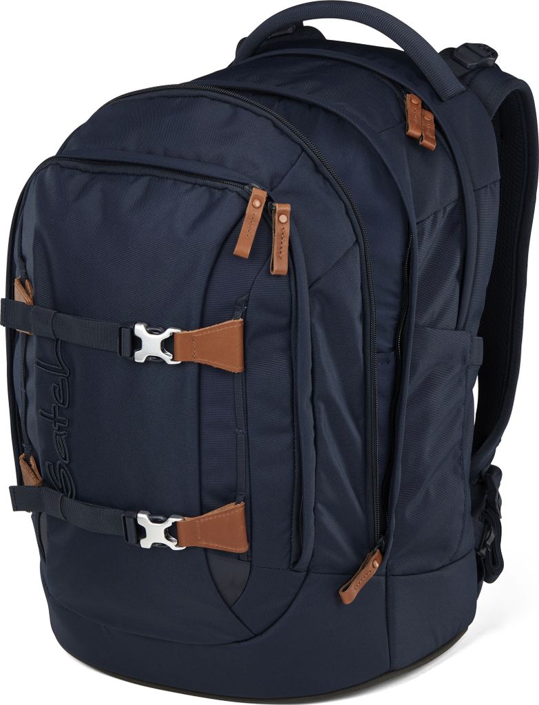 A navy blue backpack with brown leather accents is shown against a white background.