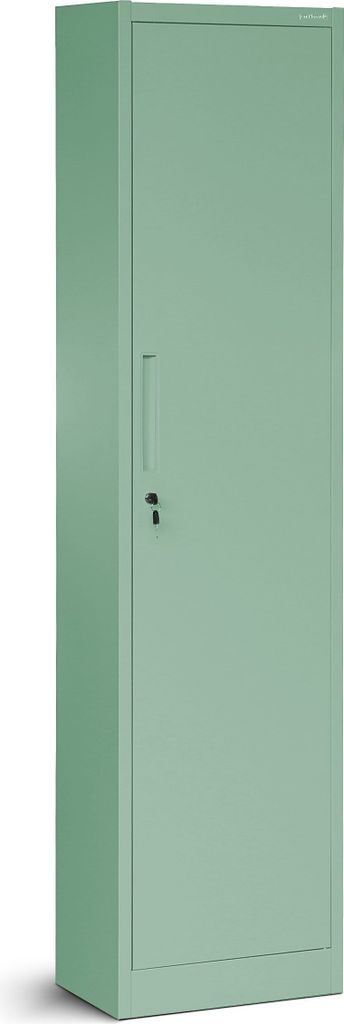 A tall, narrow, single-door metal cabinet, colored in a soft pastel green.