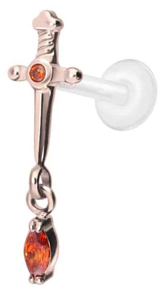 Ohrpiercing, Nasenpiercing PTFE Labret mit Innengewinde + Titan-Aufsatz DOLCH + KRISTALLTROPFEN RoséGold Stablänge: 9mm | Stabstärke: 1,2mm
