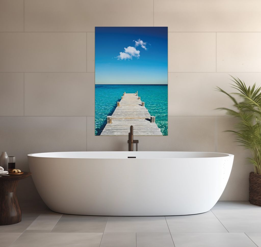 Wallario wasserfestes Poster selbstklebend 91,50 x 61 cm, Steg am tropischen Meer, Badezimmerposter Spritzschutz mit Hochglanzoberfläche in Glasoptik
