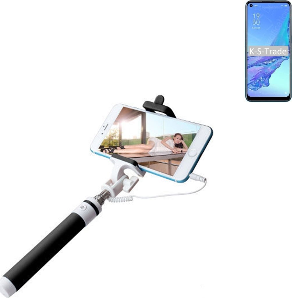 K-S-Trade Selfie Stick kompatibel mit Oppo A33 Selfiestick kabelgebunden Monopod mit Kabel Stab Stange Selfportrait Handheldstick schwarz 1x