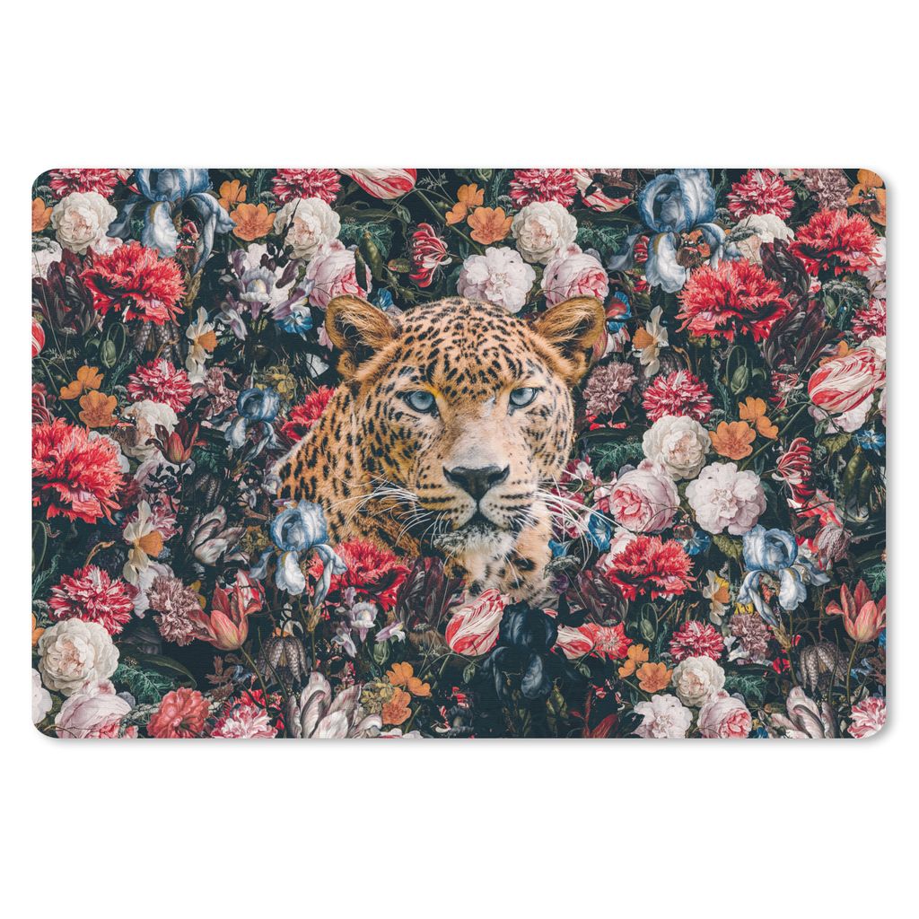 MuchoWow Schreibtischunterlage Leopard - Blumen - Tiere 60x40 cm - XXL Mauspad - Großes Mauspad