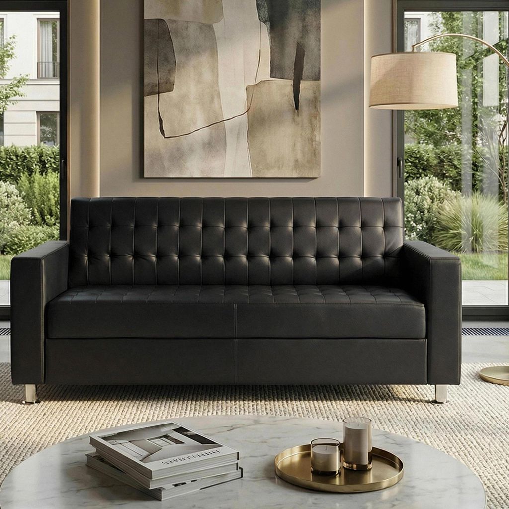 3er Sofa Kunda, Couch Loungesofa, Kunstleder, Metall-Füße 180cm schwarz