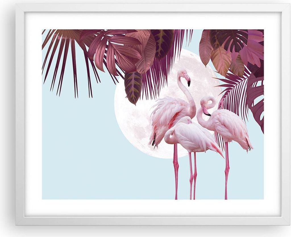 Gerahmtes Poster - Weißer Rahmen - Flamingos Palmen Mond - 50x40 cm - Wand Bild - Wanddeko - Wandbilder - Kunstposter - Wandposter - Bilderrahmen ...