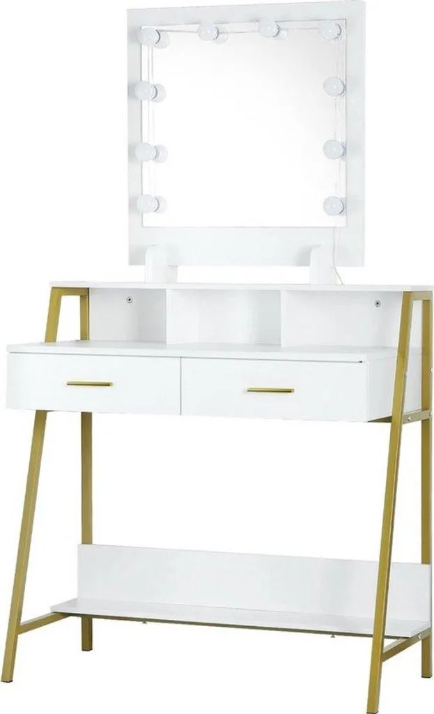 Coiffeuse avec Miroir Éclairé 90cm, blanche/dorée, pour Dressing