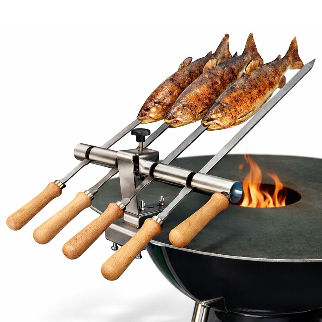 Steckerlfisch Halter für Grillplatten mit 4 Edelstahlspießen