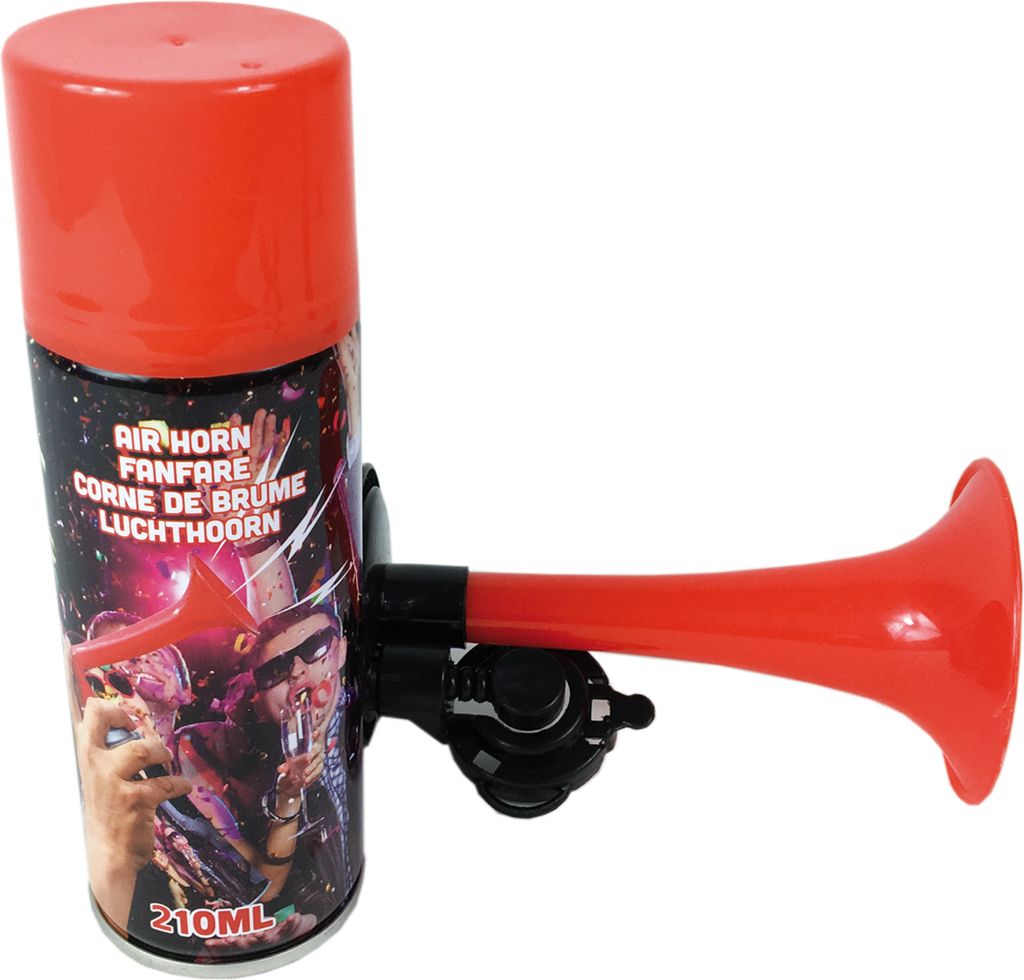 A red air horn with a black nozzle attached to a can with colorful graphics.