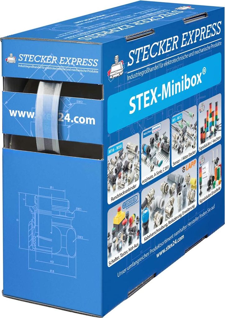 STEX24 Schrumpfschlauch 2:1, Minibox mit 12,0m, transparent 9,5/4,8mm, 3/8 Zoll, WSB2 Schrumpftemperatur mind. 95°C,