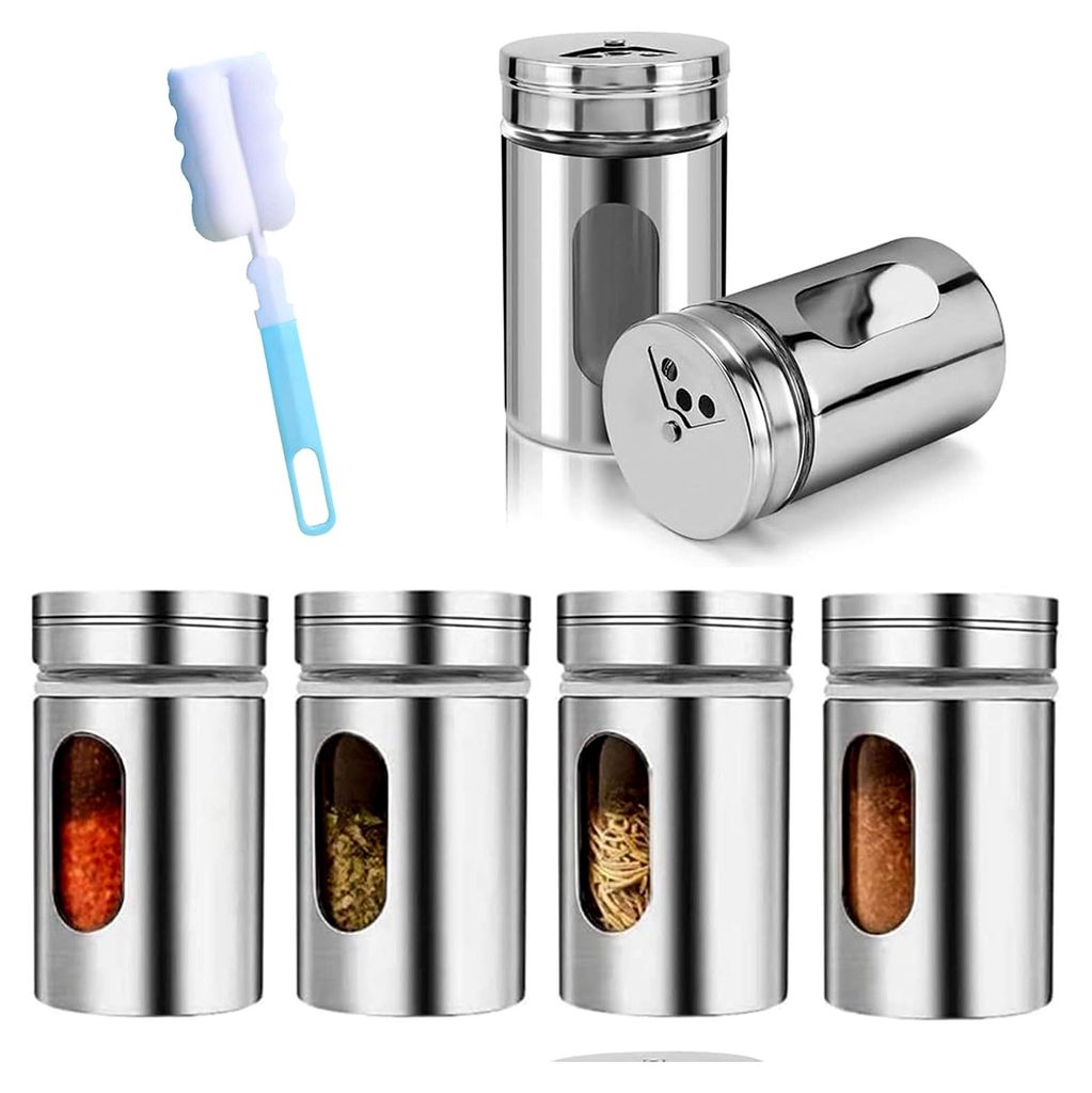 Set mit 6 Gewürzdosen, Gewürzstreuer aus Edelstahl, inkl. 1 Flaschenbürste, Gewürzorganizer zur optimalen Aufbewahrung von Gewürzen