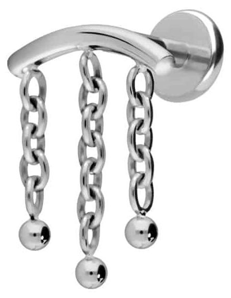 Ohrpiercing, Nasenpiercing Titan Labret mit Push Fit BOGEN + 3 KETTEN Silber Stablänge: 6mm | Stabstärke: 1mm
