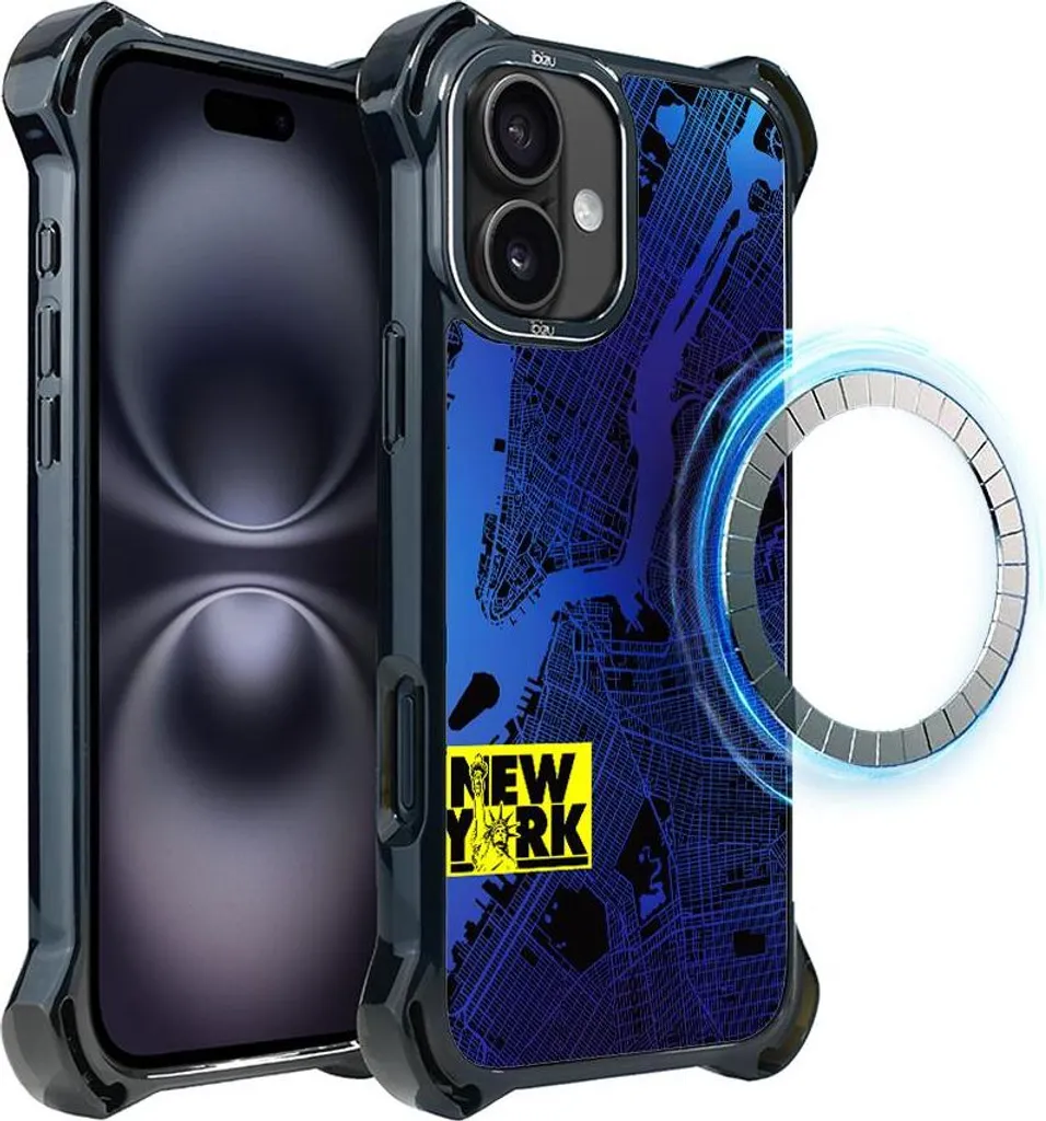 Cover iPhone 16 Plus MagSafe IBIZU DropGuard Ultra - New York World Map