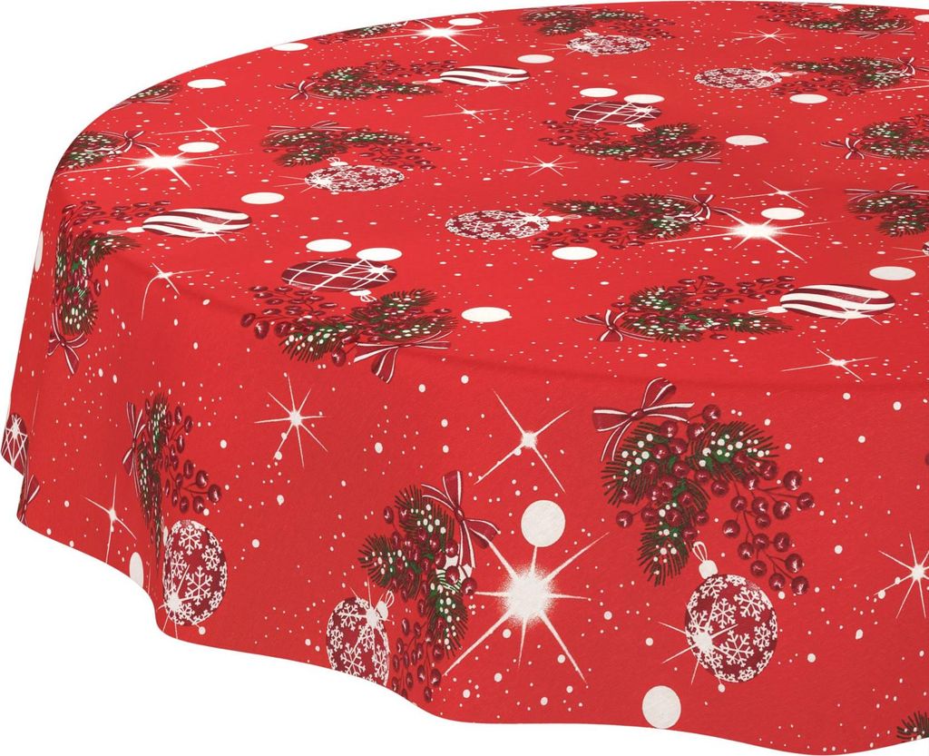 Tischdecke Weihnachten Weihnachtskugel Rot Rund 140cm Schnittkante Wasserabweisend abwaschbar