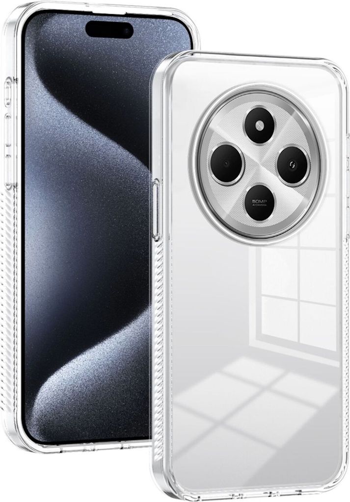 A clear phone case is shown with a phone inside, highlighting the camera module.