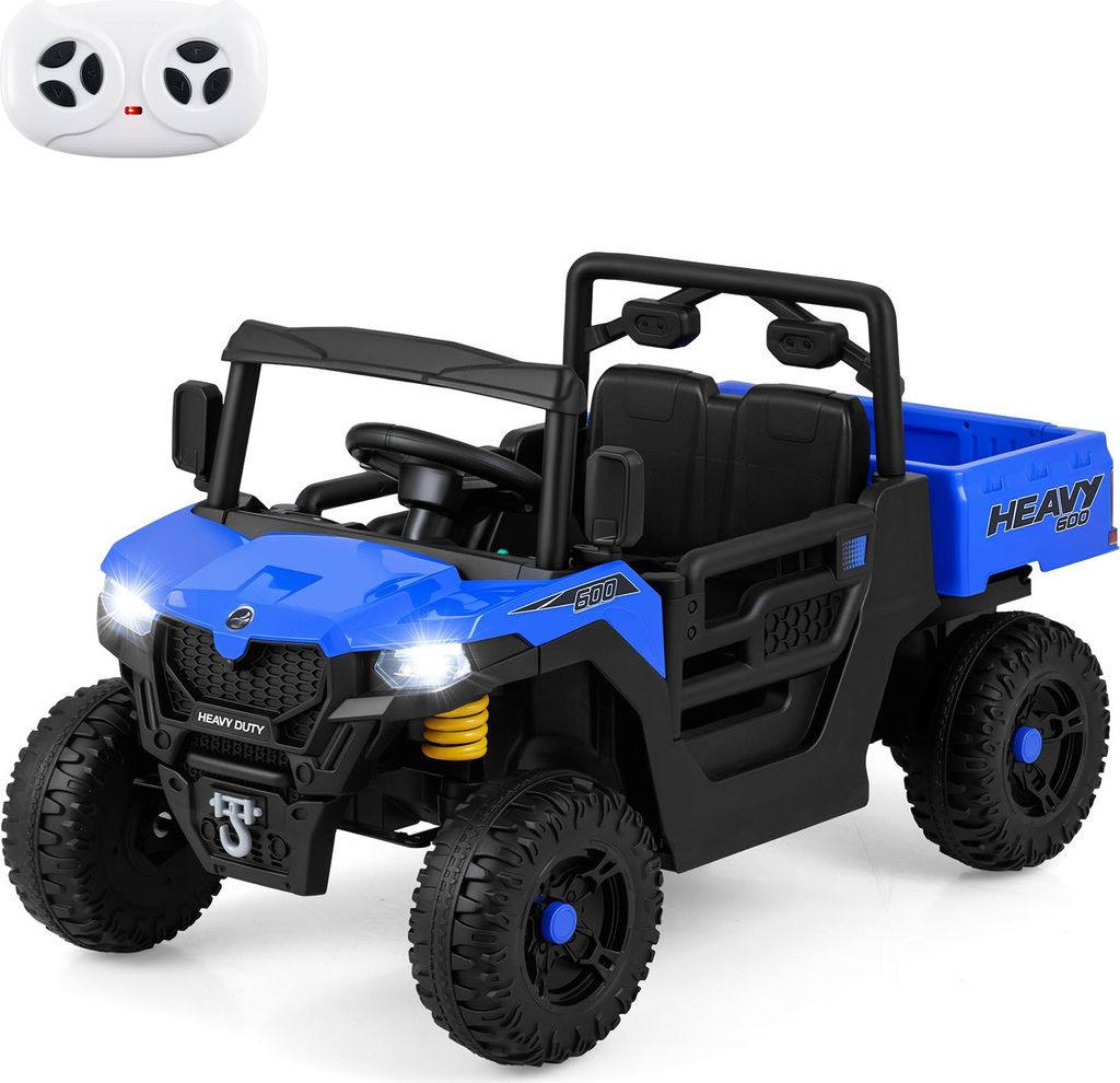 COSTWAY Kinder Elektroauto, 12V Kinderauto mit elektrischer Kippmulde, Fernbedienung, Musik, Geschichten, LED-Lichter & Federung, für Kinder 3+Blau