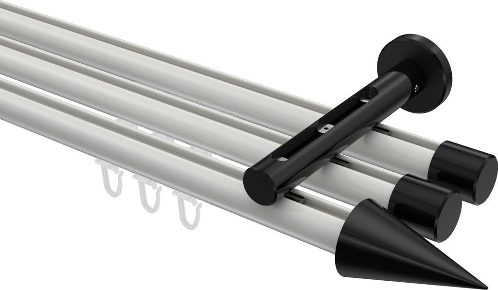 Interdeco Innenlaufstange / Gardinenstange mit Innenlauf Weiß / Schwarz, Typ Siteno Savio (Kegel), 20 mm Ø 3-läufig, 140 cm