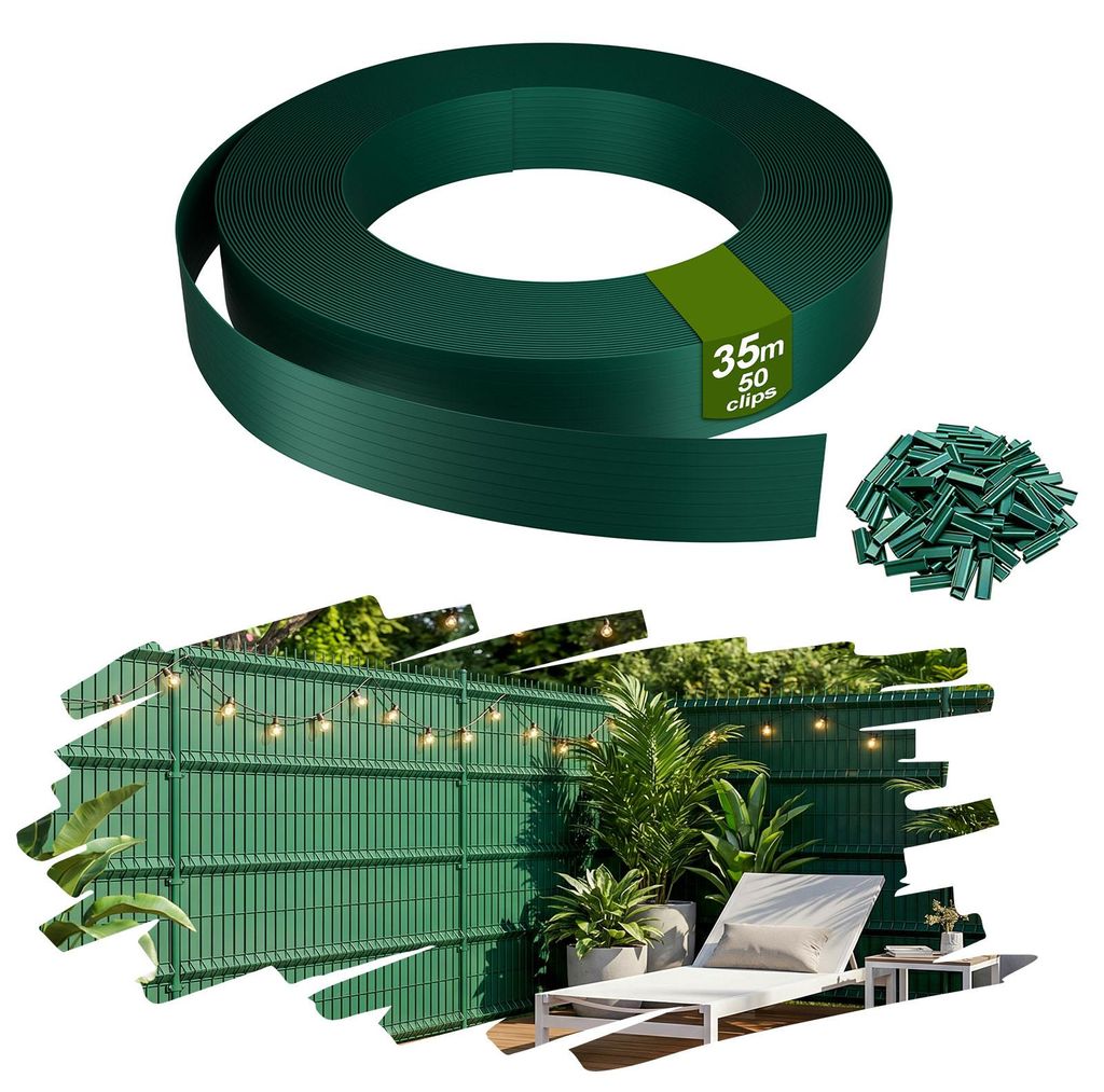 YRHome PVC Sichtschutzstreifen Balkonsichtschutz Sichtschutzfolie Zaunblende Balkon Terrasse Garten 35m Grün inkl. 50 Befestigungsclips