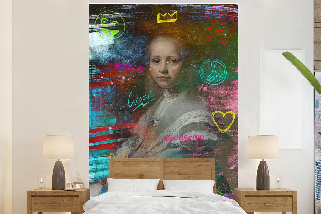 MuchoWow Fototapete für Wohnzimmer oder Schlafzimmer Wandtapete Vinyl Motivtapete Porträt eines Mädchens in Blau - Johannes Cornelisz - Neon -...
