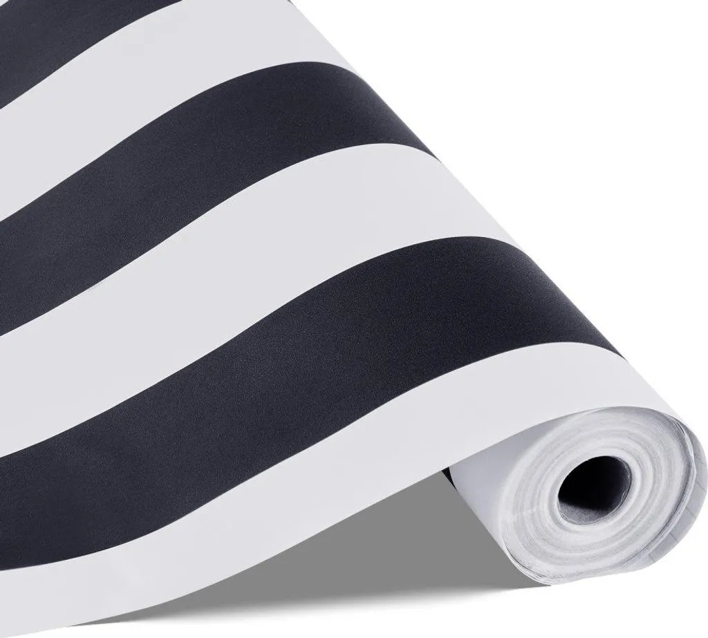 Carta da parati autoadesiva 45cm x 15m - Murale a strisce bianche e nere - Pellicola impermeabile per mobili - Rotolo di vinile decorativo per camera da letto, cucina, ufficio, bagno