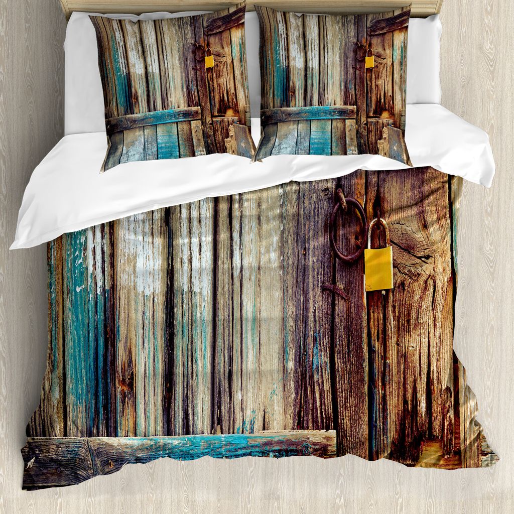 ABAKUHAUS Rustikal Bettbezugs Set Für Doppelbetten, Holz Tür Schlüssel Foto, Milbensicher Allergiker geeignet mit Kissenbezügen, Mehrfarbig