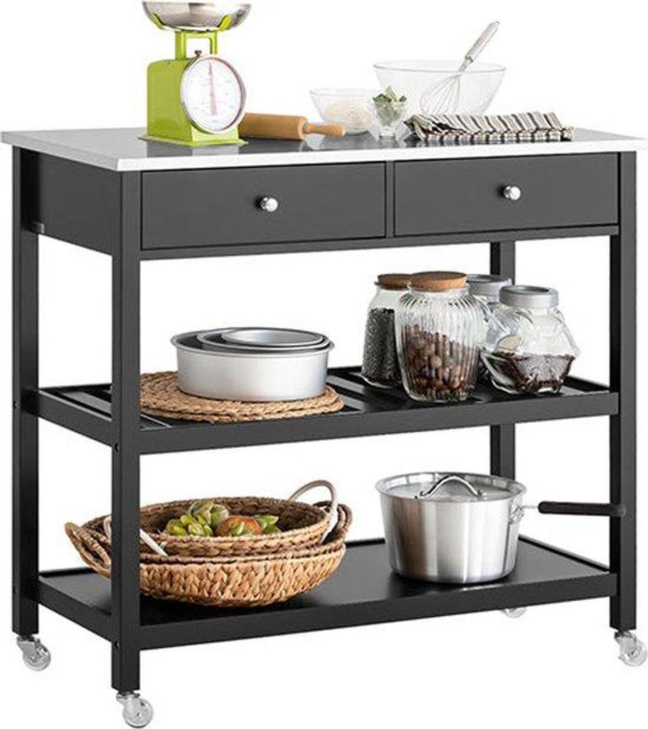 Simpletrade Servierwagen – Küchenwagen mit 2 Schubladen – Edelstahl – MDF – Schwarz – 100 x 45 x 92 cm