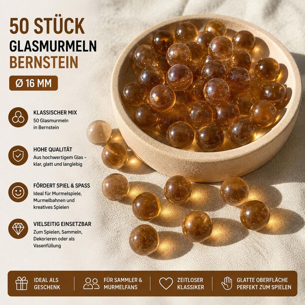 50 Stück Glasmurmeln Bernstein Ø 16 mm – Transparente Produktbild  KI-generiertes Bild