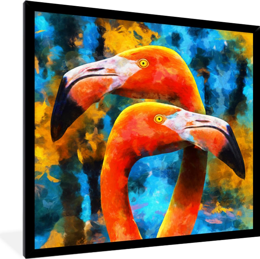 MuchoWow Gerahmtes Poster Ölgemälde - Vogel - Flamingo 40x40 cm - Poster mit Schwarzem Bilderrahmen Wandposter Rahmen Foto Bilder - Mit Rahmen ...