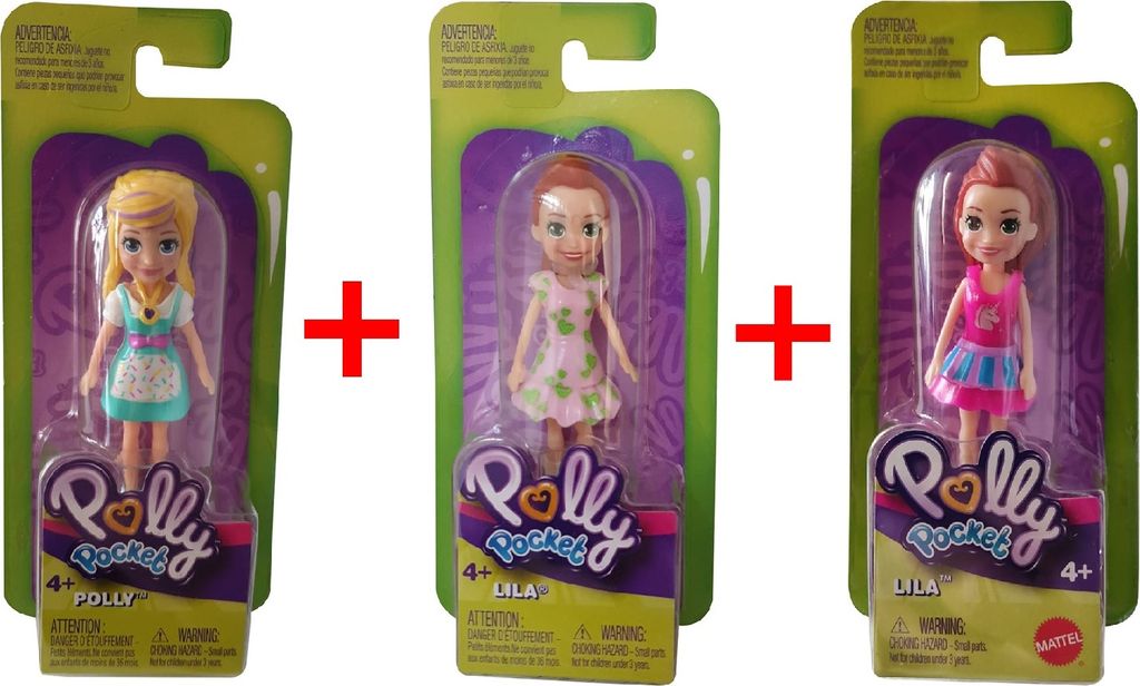 Mattel Polly Pocket 3er-Set - GKL27 Polly im türkisen Kleid + GKL30 Lila im rosa Kleid + GKL32 Lila im pinken Kleid, Sammelfiguren, Puppen, GESCHE...