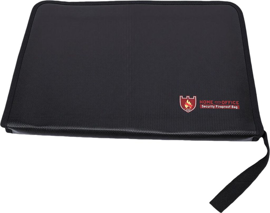 A black fireproof document bag with a red logo on the right side.