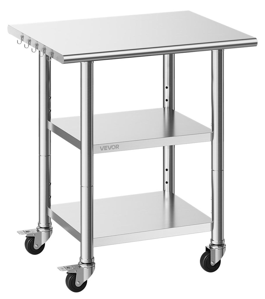 VEVOR Gasto Arbeitstisch 762 x 610 x 864 mm, Edelstahltisch mit 3 Ebenen & Rollen & Höhenverstellbaren Ablagen Belastbarkeit Top 227 kg & 2 Untera...