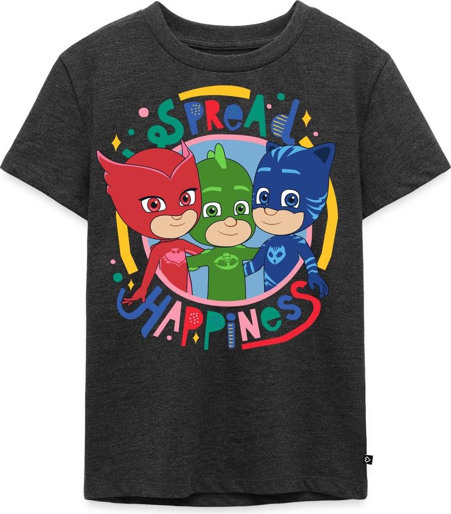 Spreadshirt PJ Masks Gruppenbild Eulette Gekko Catboy Kinder Premium T-Shirt, 134/140 (8 Jahre), Anthrazit meliert