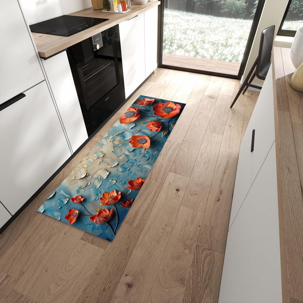 Küchenteppich 60x180cm rutschfest & abwischbar PVC Läufer - Blumenmeer